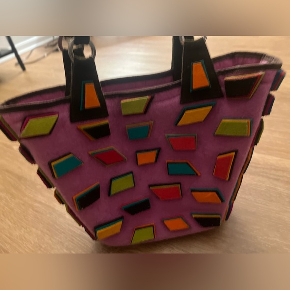 Sheep’s Wool Felt Pink and Orange Patchwork/ geometricTote Bag,Handmade bag - Picture 4 of 8